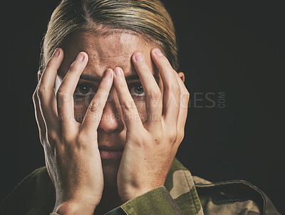 Buy stock photo Anxiety, depression and soldier woman crying on dark studio background. Mental health, psychology and stress portrait of sad female cover face, fear or ptsd for military Ukraine war or battle trauma.