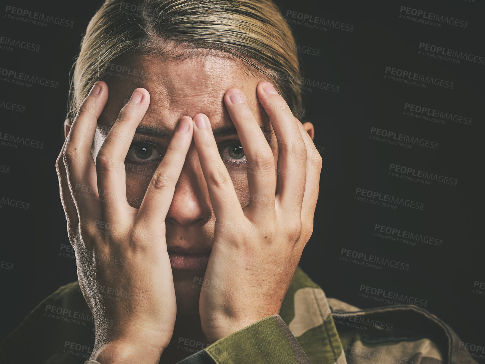 Buy stock photo Anxiety, depression and soldier woman crying on dark studio background. Mental health, psychology and stress portrait of sad female cover face, fear or ptsd for military Ukraine war or battle trauma.