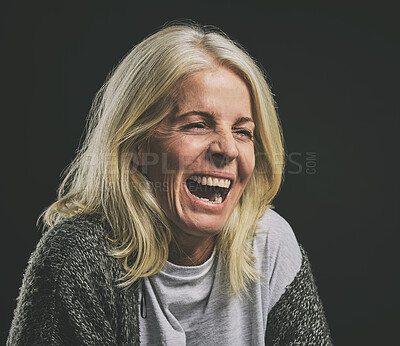 Buy stock photo Mental health, depression and woman with bipolar laughing in dark studio. Lady with schizophrenia, anxiety and mental illness with laugh expression. Mockup in psychology, addiction and rehabilitation
