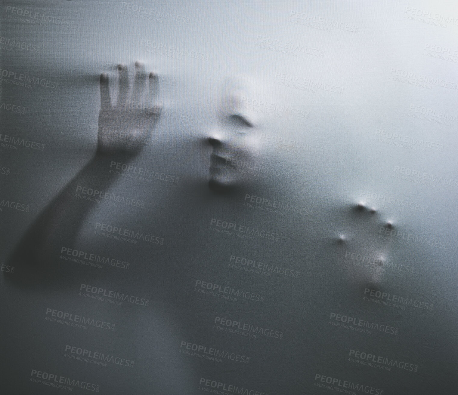Buy stock photo Horror, fabric and hands of a woman trapped in textile trying to escape from nightmare. Curtain, help and bad dream with psychology female ghost, victim or spirit behind white material looking scary