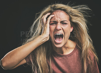Buy stock photo Face, mental health and screaming woman headache, anxiety or stress. Psychology, bipolar or crazy, insane or depressed schizophrenia female, shouting or hearing voices alone on dark studio background