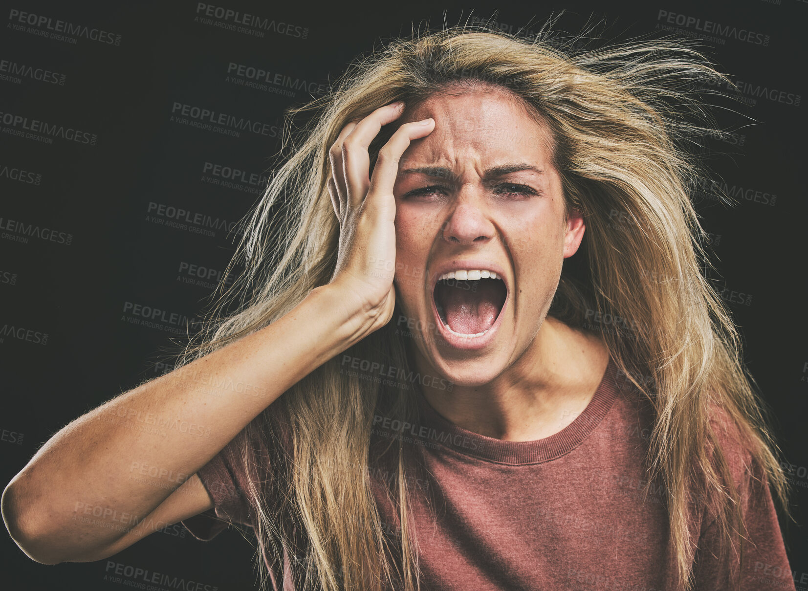 Buy stock photo Face, mental health and screaming woman headache, anxiety or stress. Psychology, bipolar or crazy, insane or depressed schizophrenia female, shouting or hearing voices alone on dark studio background