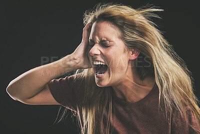 Buy stock photo Anxiety, frustrated and trauma woman crying in dark studio for psychology and mental health mock up. Depressed, bipolar or angry girl shout for depression, mental health problem on a black background