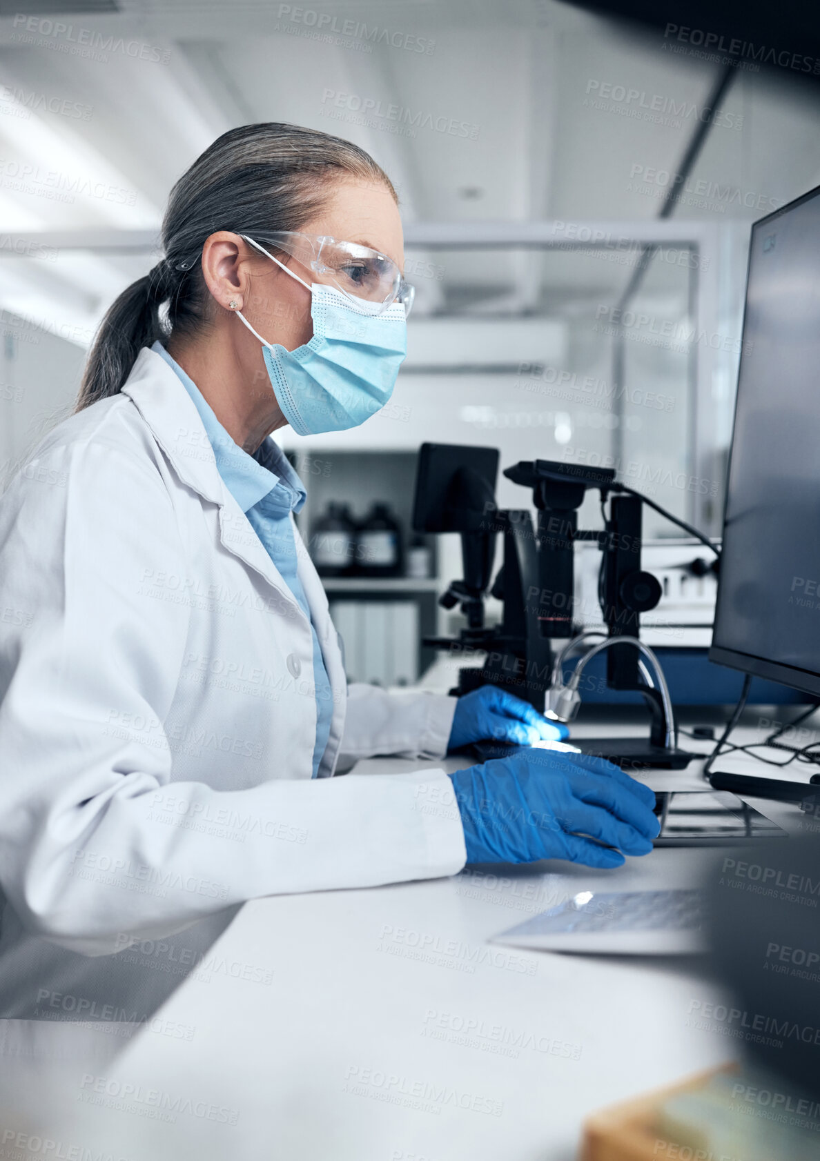 Buy stock photo Science woman, covid and computer laboratory research, medical innovation and expert test online. Senior scientist mask, desktop data and vaccine medicine worker planning virus analytics information