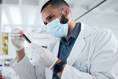 Buy stock photo Covid, test tube and scientist in face mask doing research for medical dna, rna and data. Science expert working with vial of blood for analysis, tests and medicine innovation in pharmaceutical lab.