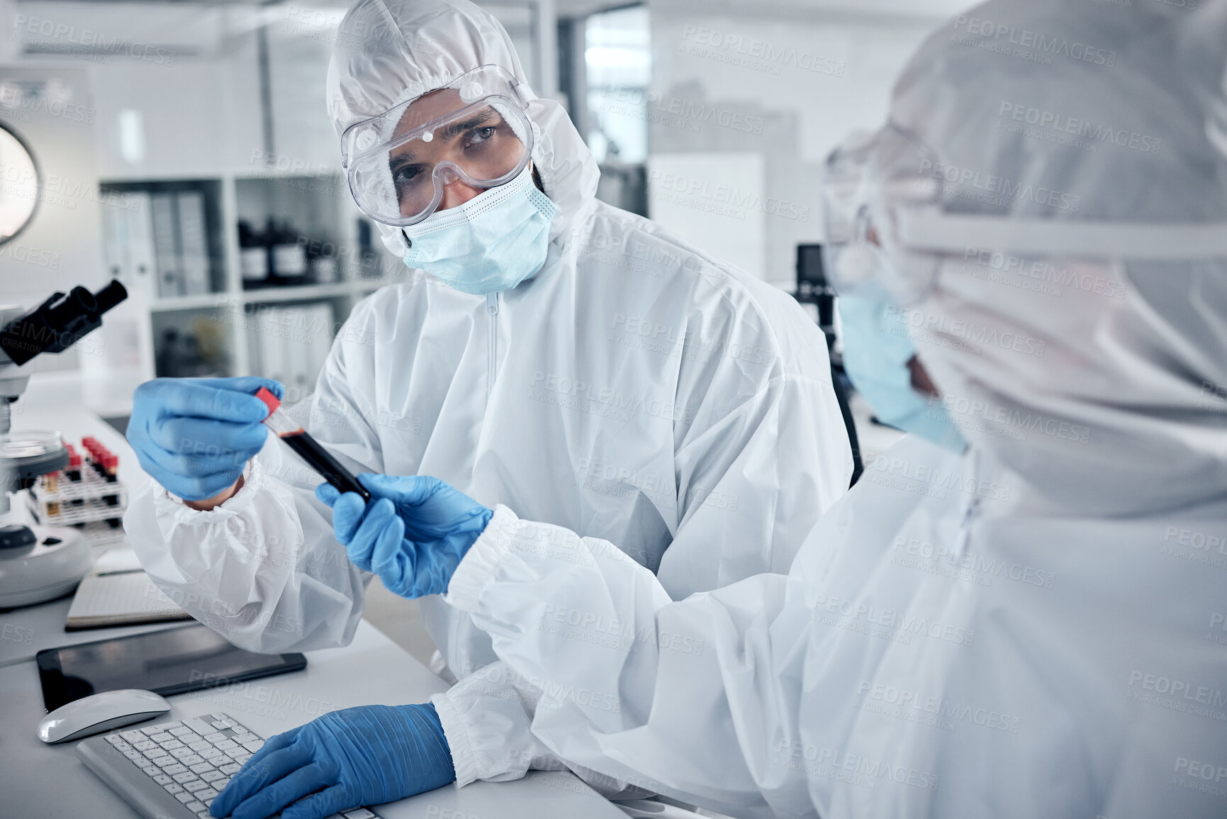Buy stock photo Blood research, medicine or teamwork with doctors or scientist with science, innovation and healthcare analytics in lab. Medical, team or PPE for safety, health or wellness for covid research 