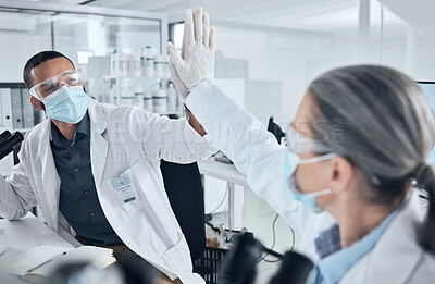 Buy stock photo High five, teamwork and doctor with success, covid face mask or collaboration for innovation, insurance and research in hospital lab. Medicine, partnership and happy scientist with DNA data analysis.