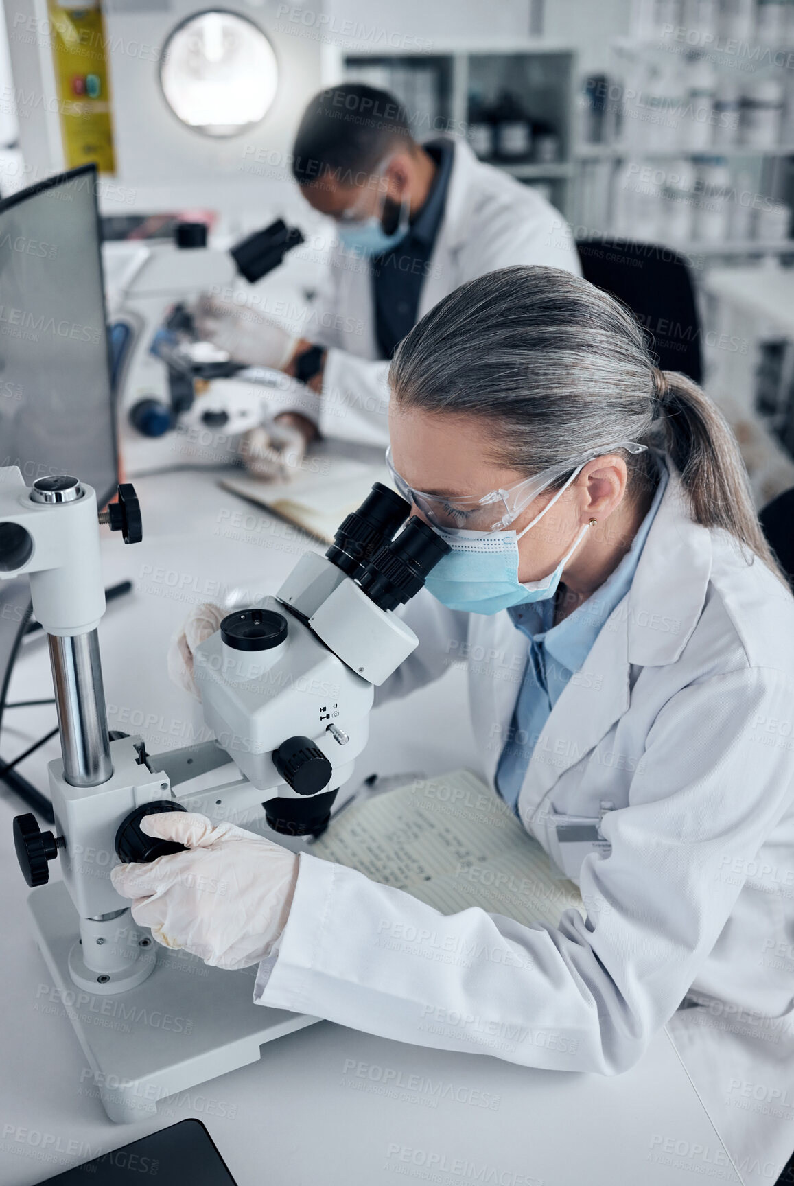 Buy stock photo Covid, innovation and scientist with microscope in a laboratory for medical and vaccine research. Science, medicine and doctors working on futuristic treatment for sickness and disease together