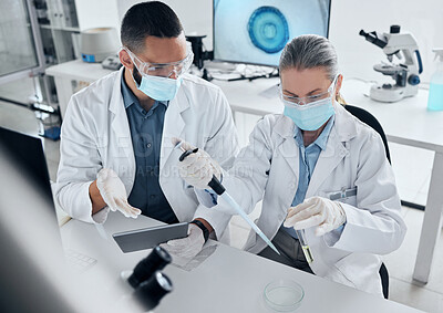 Buy stock photo Teamwork, research for covid or team of doctors working with vaccine, medical partnership or innovation analytics. Test tube, healthcare nurse or cardiology for medicine wellness collaboration in lab