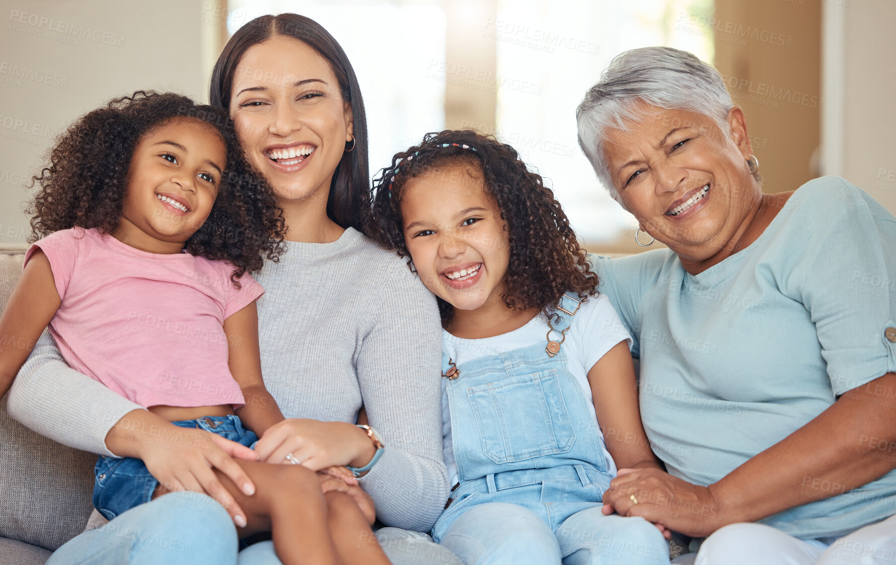 Buy stock photo Happy family, grandmother and girl children on sofa together for mothers day celebration or bonding with love, care and support. Black people elderly, mom and kids in a portrait with smile at home
