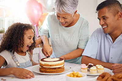 Buy stock photo Birthday, cake and girl at party with grandmother cutting dessert with father in celebration at living room table in house. Wow face on child with sweet food, tart and candy to celebrate with family
