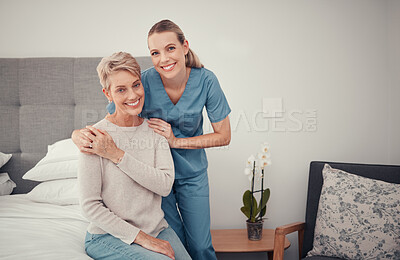 Buy stock photo Homecare, senior healthcare and doctor helping a sick woman with care in bedroom of home. Portrait of a medical nurse giving help, support and consulting with elderly person during house consultation