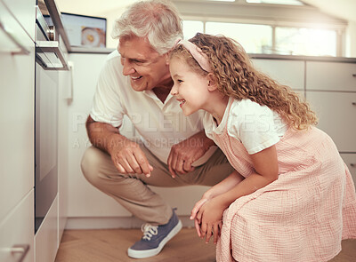 Buy stock photo Grandfather and girl child in kitchen cooking oven food together and excited for results. Happy family, learning and love from elderly senior man with kid baking for happy holiday home celebration