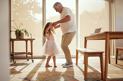 Buy stock photo Grandfather, girl and dance holding hands in living room home. Love, smile and happy cute daughter dancing with caring grandpa spending time together, bonding and care having fun on weekend in house.