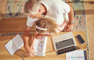 Buy stock photo Top view, old man and girl learning drawing while her grandfather is busy with paperwork in family home office. Senior grandfather helping and teaching a creative child to color in a school project