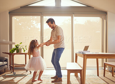 Buy stock photo Family, dance and man with girl for ballet together in living room for event, creative or happy by window. Love, freedom and wellness with child learning with dad at home for princess, music or youth