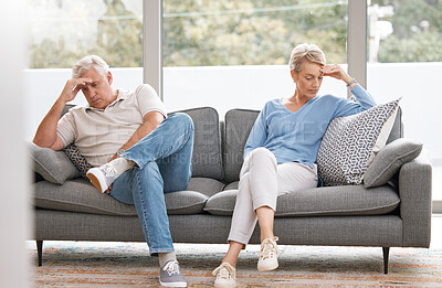 Buy stock photo Retirement couple, ignore and fight for divorce with marriage cheating revelation shock. Sad elderly people in relationship conflict break up with secret confession, stress and trust issue in home