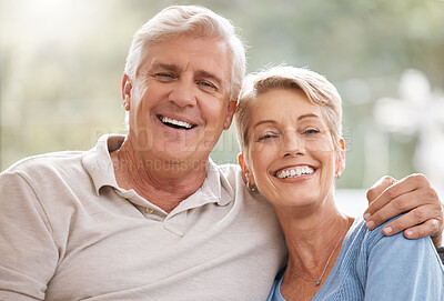 Buy stock photo Portrait, peace and relax for senior couple with smile in retirement, freedom and marriage together in their house. Face of happy elderly man and woman with love and care in a room in their home