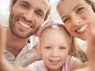 Buy stock photo Love, parents and family selfie with child for cheerful and positive bonding moment together. Happy mother and father smile for photograph memory with young and cute daughter in Canada.

