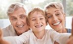 Grandparents, selfie and happy family portrait in living room by smiling, caring family bond in their home together. Love, relax and cheerful elderly man and woman enjoy time with excited grandchild