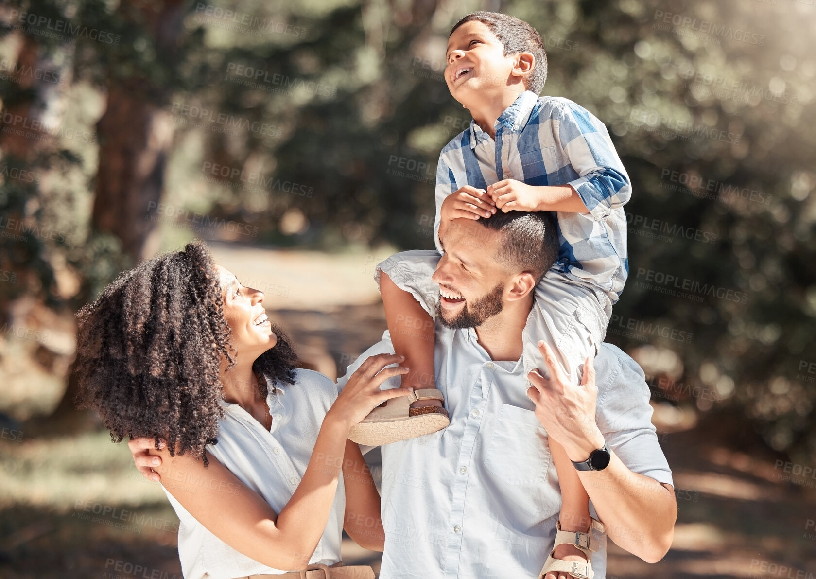 Buy stock photo Love, relax and happy family laughing and bonding on outdoor walk in a park, cheerful and carefree. Playing, smiling and excited boy enjoying free time with his loving parents in nature on weekend