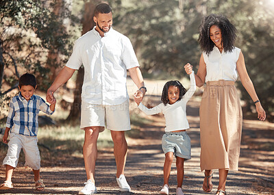 Buy stock photo Family, love and kids walking with parents in park, happy and relax in nature together. Freedom, active and peaceful cardio with excited children enjoy freedom with mother and father, playful fun
