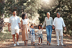 Black, happy family and summer walk in a park, bonding and having fun in nature together, cheerful and content. Love, kids and grandparents enjoying conversation and family time, smile and hold hands