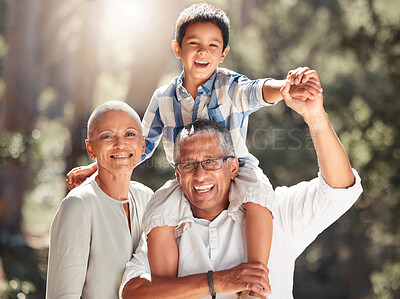 Buy stock photo Happy family, portrait and grandparents with child in nature with a big smile enjoying summer holidays and retirement, Detroit, old man and senior grandmother love being with playful kid on vacation
