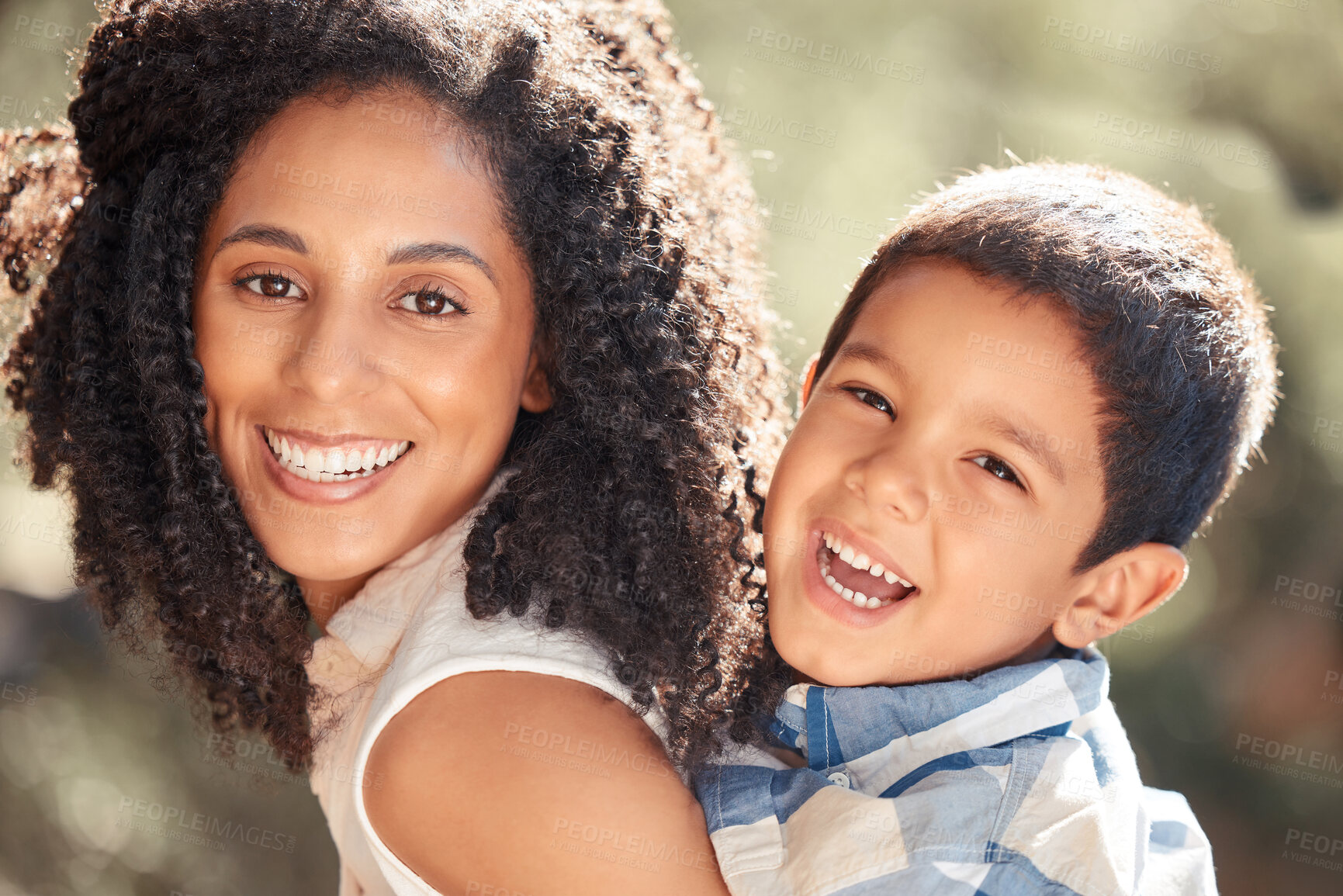 Buy stock photo Happy kid, mom and mothers day at park outdoors for love, relax and fun together in Colombia. Smile parent piggyback laughing boy child for happiness, quality time and care in sunshine summer garden