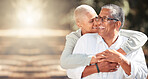 Happy, love and relax with old couple in park and hug together for health, nature and retirement. Smile, support and lifestyle with old man and woman in countryside for wellness, summer and vision 