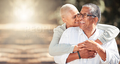 Buy stock photo Happy, love and relax with old couple in park and hug together for health, nature and retirement. Smile, support and lifestyle with old man and woman in countryside for wellness, summer and vision 