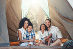 Camping tent, nature and parents on holiday in the forest of Australia for travel adventure during summer. Happy kids with mother and father on vacation in the desert for family freedom in the woods