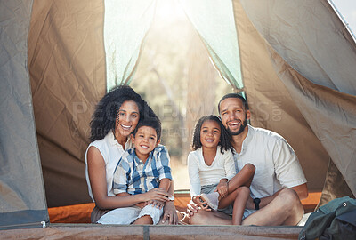 Buy stock photo Camping tent, nature and parents on holiday in the forest of Australia for travel adventure during summer. Happy kids with mother and father on vacation in the desert for family freedom in the woods