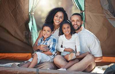 Buy stock photo Happy family, children and camping in tent for fun, adventure and bonding with mom and dad on trip in nature. Portrait of woman, man and children together to relax on summer camp or vacation outdoors