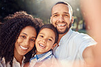 Portrait, selfie and happy family in a park, relax and smiling while taking a picture and bonding in nature. Love, smile and face of excited kid enjoying quality time with loving, caring mom and dad