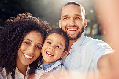 Buy stock photo Portrait, selfie and happy family in a park, relax and smiling while taking a picture and bonding in nature. Love, smile and face of excited kid enjoying quality time with loving, caring mom and dad