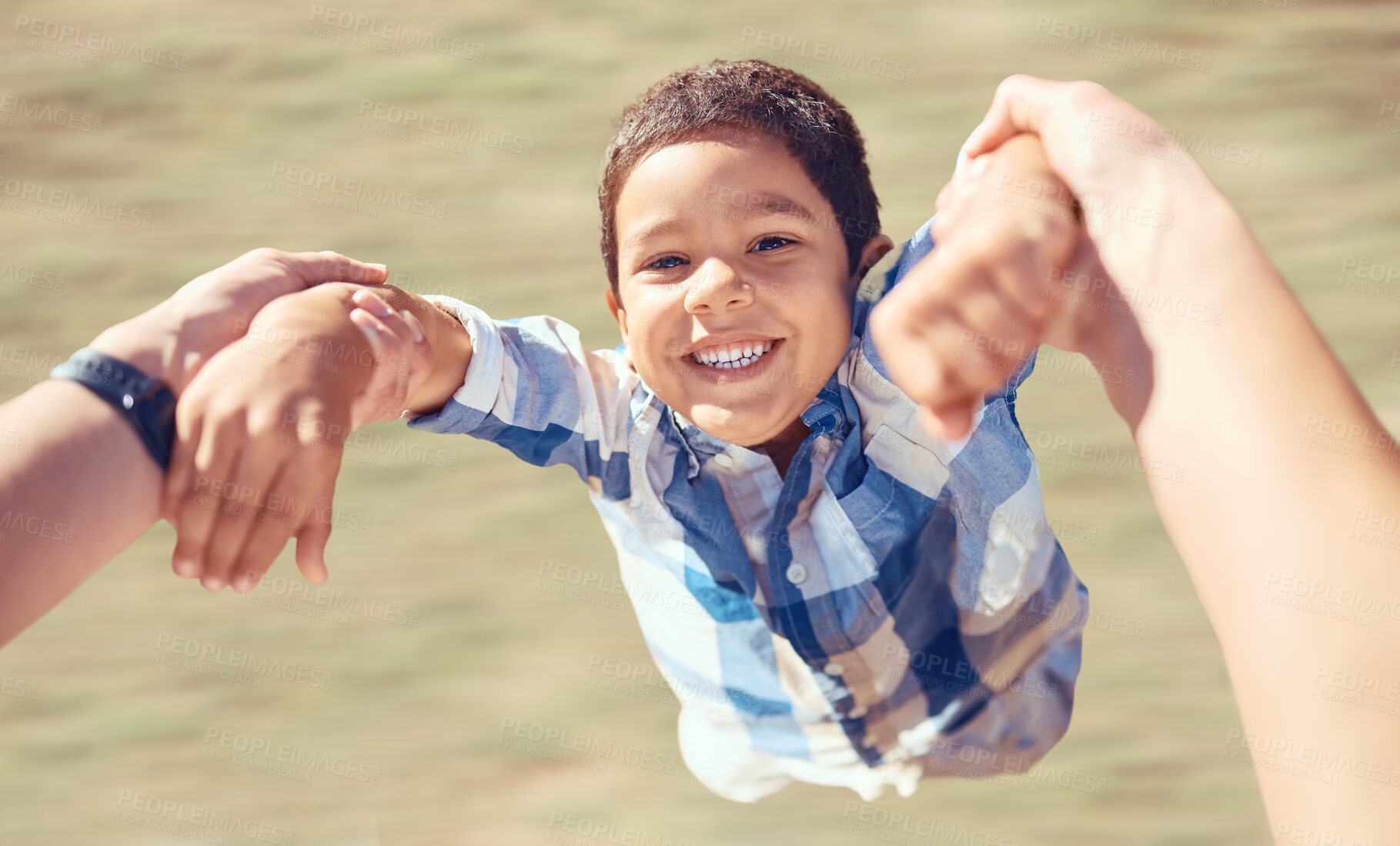 Buy stock photo Family, happy and swing with child and arms of parent in garden for fun, smile or love. Health, support and holding hands with son and dad playing outdoors for summer, lifestyle and motion together