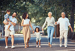 Family, happy and street walk together for health, fun and smile in New Orleans. Parents, children and grandparents walking together show love, bonding and happiness on holiday, trip or vacation