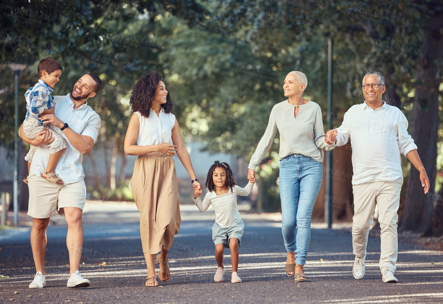 Buy stock photo Family, happy and street walk together for health, fun and smile in New Orleans. Parents, children and grandparents walking together show love, bonding and happiness on holiday, trip or vacation