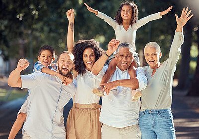 Buy stock photo Love, energy and happy family celebrating freedom and a holiday while bonding on an outdoor trip in nature together. Joy, cheerful and crazy kids looking excited and playful with their relaxed family