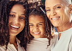 Portrait, face and happy family bonding outdoors, smiling and relaxing together. Elderly black woman enjoying quality time with cheerful grandchild in summer, carefree and relaxed on vacation day