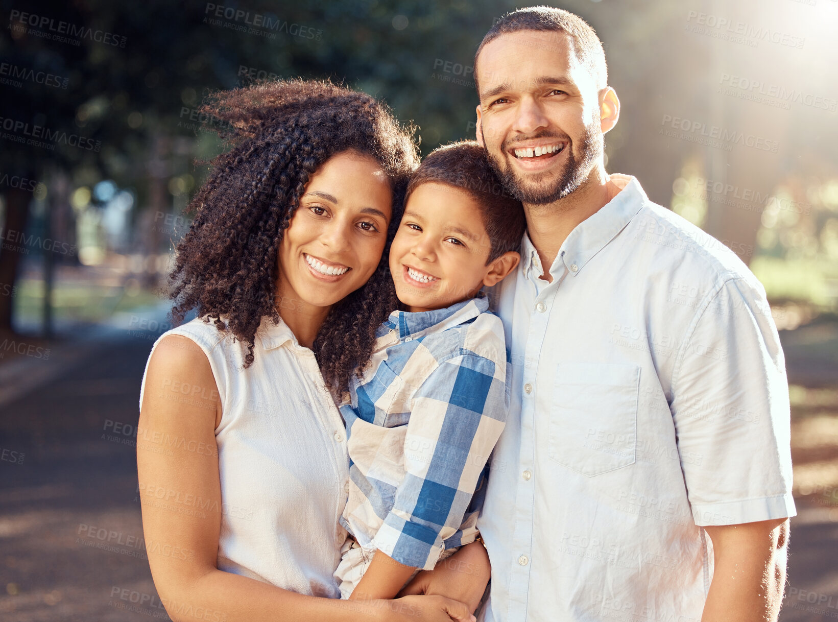 Buy stock photo Happy family portrait, boy kid and parents at park outdoors for love, relax and fun walk together in Portugal. Smile mom, dad and young son child in summer garden for happiness, quality time and care