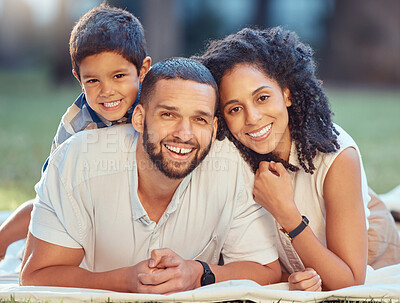 Buy stock photo Garden, picnic and happy family portrait relax in nature, bond on summer vacation outdoor. Love, kids and black family enjoy freedom and quality time with loving kid, embracing and playing together