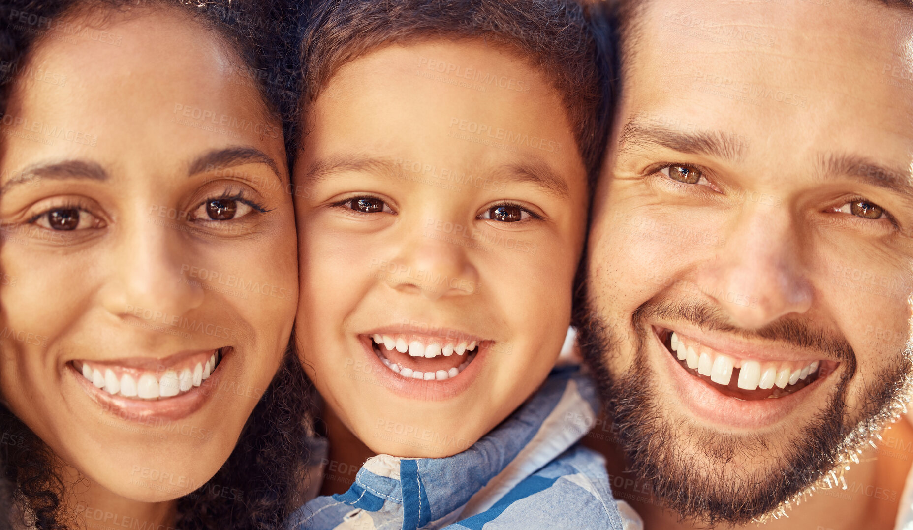 Buy stock photo Family, happy and smile with healthy teeth together in zoom of portrait for mouth care. Black woman, man and child show happiness, love and beauty for macro of perfect, white and dental health
