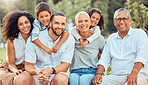 Happy big family, portrait and smile in nature on trip, vacation or holiday spending vacation time together. Love, care and man, woman and children with grandparents bonding in park or countryside.

