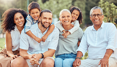 Buy stock photo Happy big family, portrait and smile in nature on trip, vacation or holiday spending vacation time together. Love, care and man, woman and children with grandparents bonding in park or countryside.
