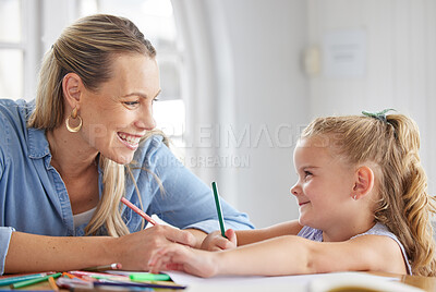 Buy stock photo Home school, mother and kid education, creative learning and studying, writing and fun crayon drawing in Australia. Happy mom teaching child development, knowledge and creativity together for growth