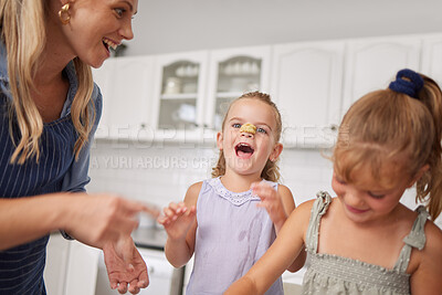 Buy stock photo Home kitchen, children play while cooking with happy mother and funny family time learning to bake. Crazy girl child with flour dough on nose, laugh together helping mom smile and sweet kids have fun