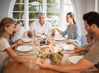 Buy stock photo Family, thanksgiving food or holding hands prayer in house or home for men, women or kids. Children, girls or grandparents in traditional celebration lunch meal with worship parents, mother or father