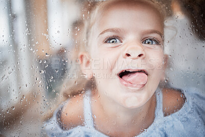 Buy stock photo Funny, kid and tongue on window portrait with goofy and enthusiastic face pressed on surface. Young, happy and crazy girl child enjoying playful lick on glass with rain droplets closeup.

